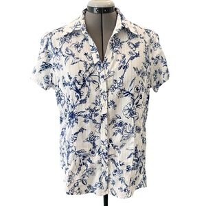 Lemon Grass Studio Womens Large Blue White Floral Toile Cotton Button Up Shirt